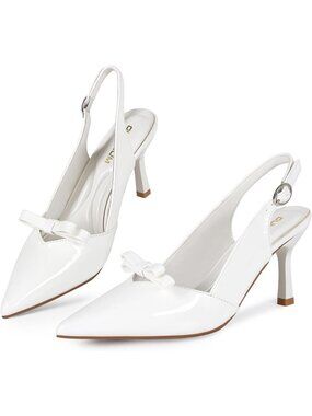 Women's White PU Comfortable Slingback Closed Pointed Toe 3Inch Kitten Heel Pump